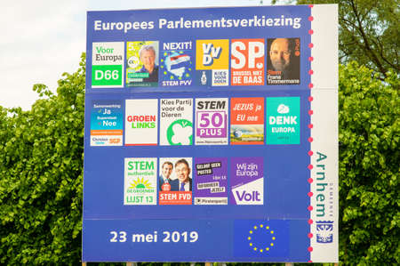 Arnhem, Netherlands - May 5, 2019: Billboard with dutch political campaign posters for the european...