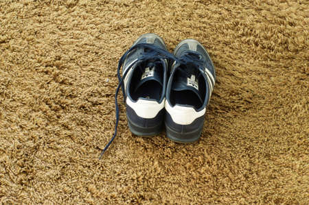 Arnhem, Netherlands - May 20, 2020: Pair of used blue Adidas sneakers seen from behind on brown carpetのeditorial素材