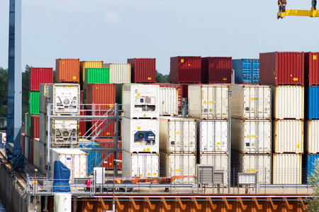 Stacked containers at a container terminal in Doesburg in the Netherlands