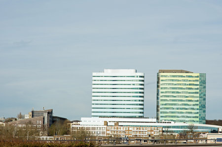 Arnhem, Netherlands - January 6, 2023: Closeup of the two office WTC towers in the center of Arnhem