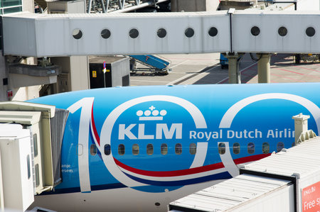 Schiphol, Netherlands - April 5, 2023: Part of fuselage of an airplane of the KLM, Royal Dutch Airlinesのeditorial素材