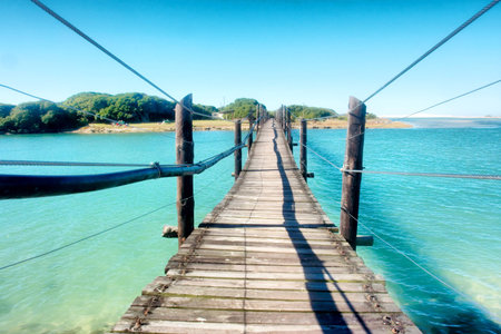 Old wooden bridge across the lagoon. Shot in the Die Mond nature reserve near Cape Town, Whale...