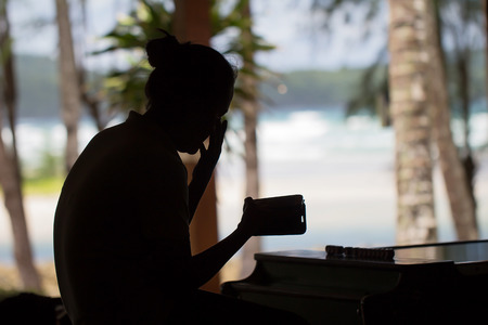 Sea Blue Eight woman sitting on the table are used to the idea.の写真素材