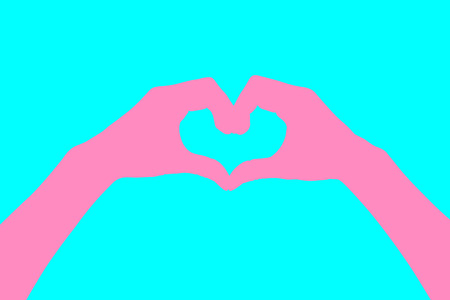 Human hands Heart shaped style abstract pastels. Pink. Blue background.Concept Design Idea Wedding style sweet.の写真素材