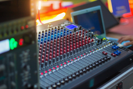 Close up Sound mixing studio and outdoor party to celebrate the music during the festival. Amplifier...
