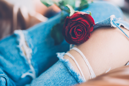 Rose on the girl body. Old rose concept waitingの写真素材