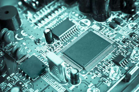 Cyan technological modern circuit with integrated circuits , capacitors, quartz
