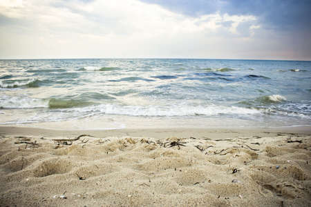 Wild beach in cloudy summer day. Sand ocean and clouds