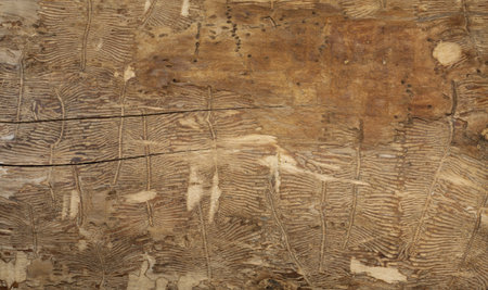 Vintage color wooden background with cuts and damaged by parasites  textureの写真素材