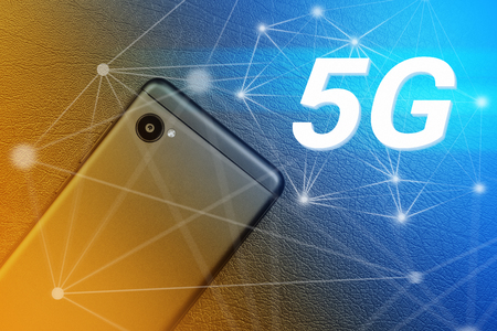 Modern smartphone (backside) with 5G sign and graphic elements. High speed internet connection,...
