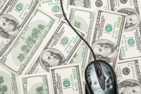 Computer mouse on dollar banknotes. Online earnings, IT, making money with computer conceptの写真素材
