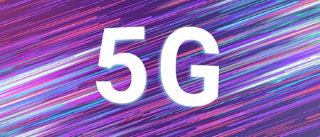 5G inscription on striped dynamic colorful background.の写真素材