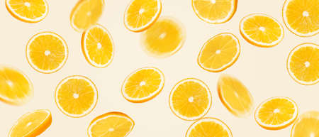 Flying orange circles creative background. Fresh food pattern