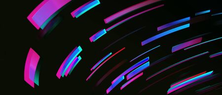 Abstract chaotic colorful stripes on dark background. Neon colors computer graphic patternの写真素材