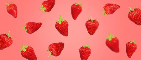Flying strawberry food background. Fresh juicy sweet berry mixの写真素材