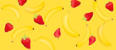 Banana and strawberry flying food mix on yellow background