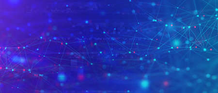 Abstract scientific mesh structure background with connected dots and pixelation. Global...
