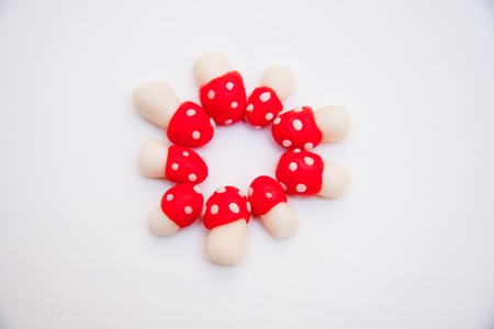 Chocolate cake decorated with meringue mushrooms and physalis isolated on white backgroundの写真素材