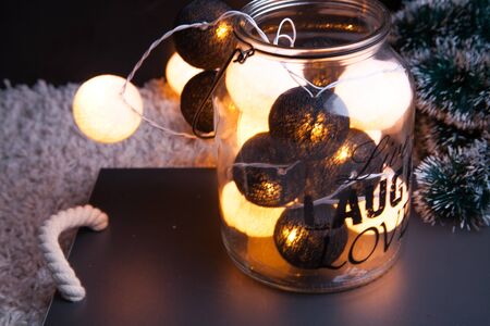 Indoor Christmas decoration with lightsの写真素材