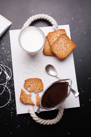 Breakfast In Bed With Toast And Coffee. Top View. 4K.