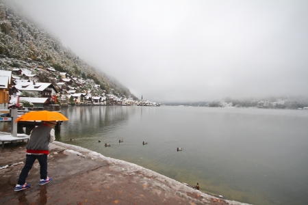 Snow in the beautiful Hallstattの写真素材