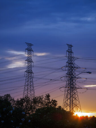 Sunlight evening with high voltage polesの写真素材