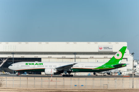 NARITA - JAPAN, JANUARY 25, 2017: B-16727 Boeing 777 EVA Air Ready to take off in International Narita Airport, Japan.のeditorial素材