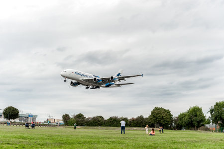 9M-MNE Malaysia Airlines Airbus a380 Landing in London Heathrow International Airport. England.