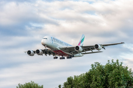 A6-EEN Emirates Airlines Airbus a380 Landing in London Heathrow International Airport. England.