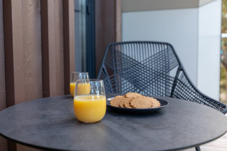 The Stylish Spacious Luxury Interior Design of Balcony in Modern Home Decor. Glass of Orange Juice and Sweet Cookies on the Tableの写真素材