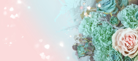 Flowers bouquet closeup. Decoration made of roses , carnation and decorative plants. Copy space.