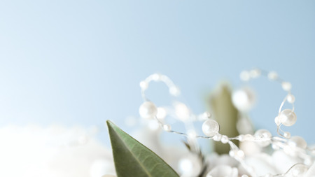 Green foliage decorated with a garland of pearls on a blue background, minimalism, spring flowers close-up.の写真素材