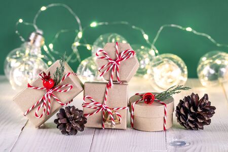 Christmas composition. Background with gift box and decorations.