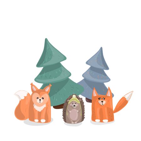 Forest inhabitants under the Christmas trees on a white background, cute animals painted in cartoon style. Copy space.のイラスト素材