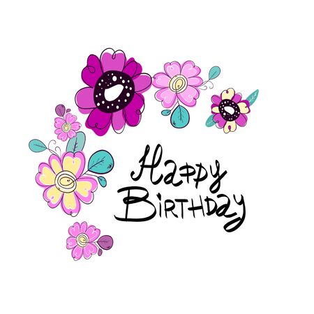 Happy Birthday lettering frame drawn by hand in doodle style . Congratulations and wishes in flowers . Anniversary celebration.のイラスト素材