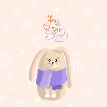 Little rabbit in a purple scarf on a beige background with white patterns. Happy easter concept. Place for an inscription.のイラスト素材