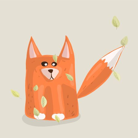 Fire fox on a beige background on which fall foliage drawn in a cartoon style. Copy space. Autumn concept.のイラスト素材