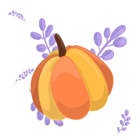 Colorful ripe orange pumpkin drawn in cartoon style on a background of cute purple leaves, harvesting, autumn concept.のイラスト素材