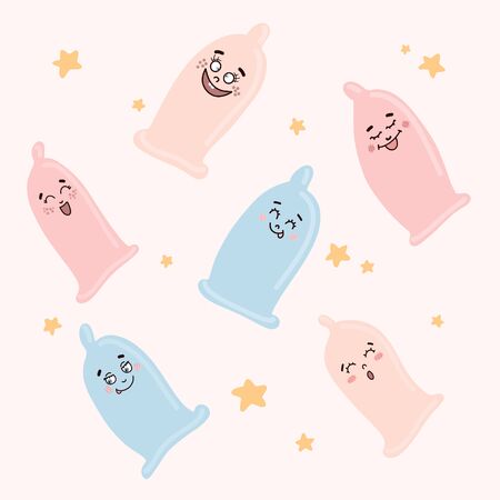 Cute condoms with funny faces in kawaii style and little stars.のイラスト素材
