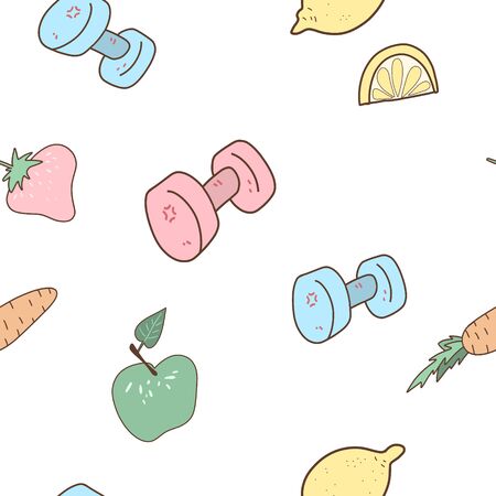 Seamless pattern with dumbbells, vegetables and fruits.のイラスト素材