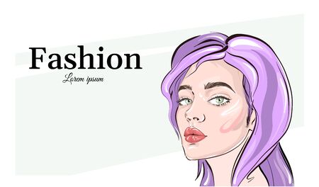 Hand-drawn young beautiful girl with nude makeup and unusual purple hair. Fashion illustration of a stylish look.のイラスト素材