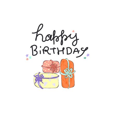 Birthday presents, hand-drawn illustration, cute gift boxes for the holiday. Concept B-day. Anniversary celebration. Vector for design t-shirts typography cards and posters.のイラスト素材