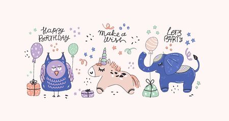 Happy birthday party, cute unicorn ,owl and elephant with presents and balloons, hand-drawn illustration. Anniversary celebration. Vector for design t-shirts typography cards and posters.のイラスト素材
