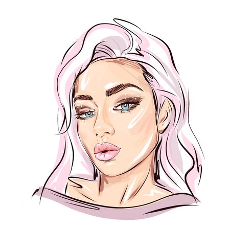 Hand-drawn young beautiful girl with nude makeup and unusual pink hair. Fashion illustration of a stylish look.のイラスト素材