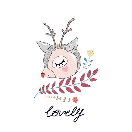 Cute muzzle deer with small horns and beautiful twigs of plants, print for clothes. Flat design.のイラスト素材