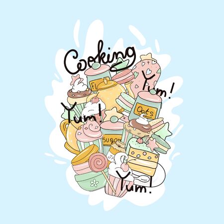 Design elements of kitchen utensils. Cooking flat hand drawn illustrations set. Everything for making desserts. Scandinavian style.のイラスト素材