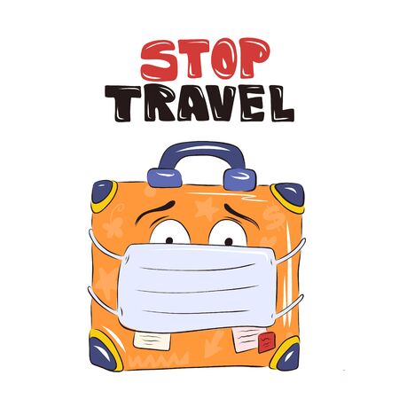Suitcase for travel with a medical mask on his face, stop travel. Virus in the country.のイラスト素材