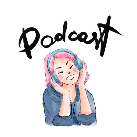 Podcast studio recording, girl in headphones. Cartoon style watercolor.の写真素材