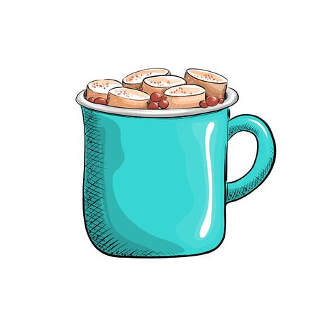 Cup with coffee and marshmallows, delicious hot drink drawn in cartoon flat style.のイラスト素材