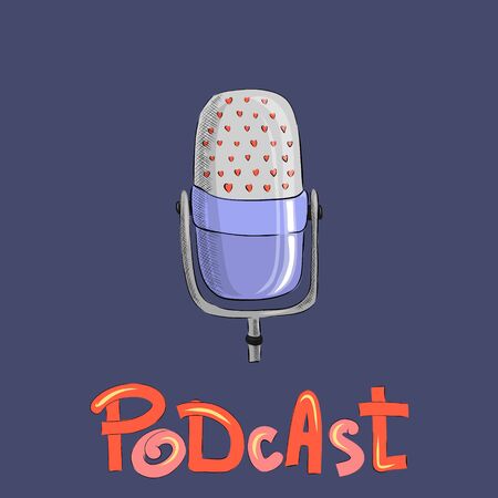 Studio microphone with podcast broadcast, flat cartoon style, media hosting doodle drawing.のイラスト素材